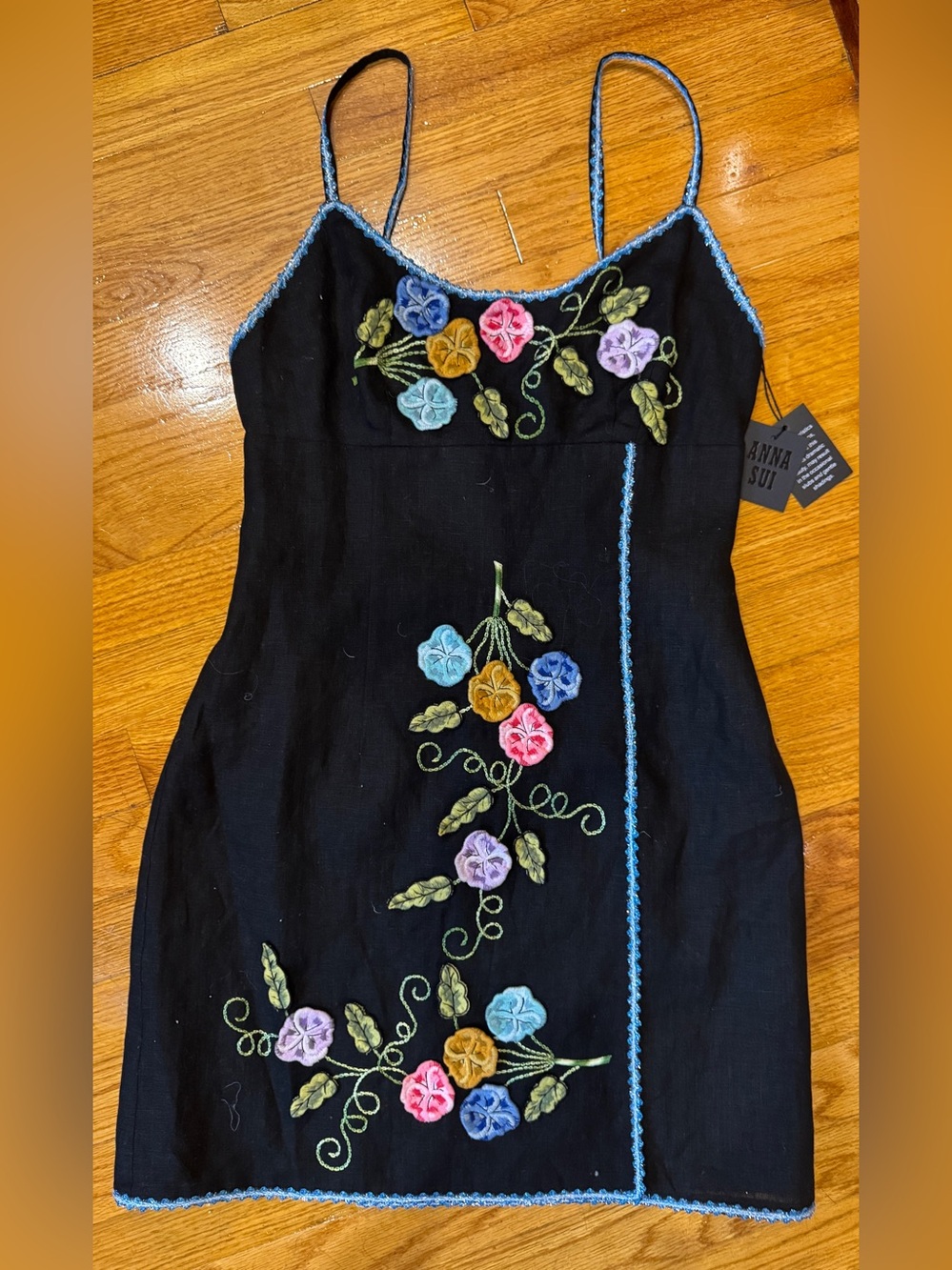 Anna Sui Black Slip Dress with Multicolor 3-D HAND Floral Embroidery